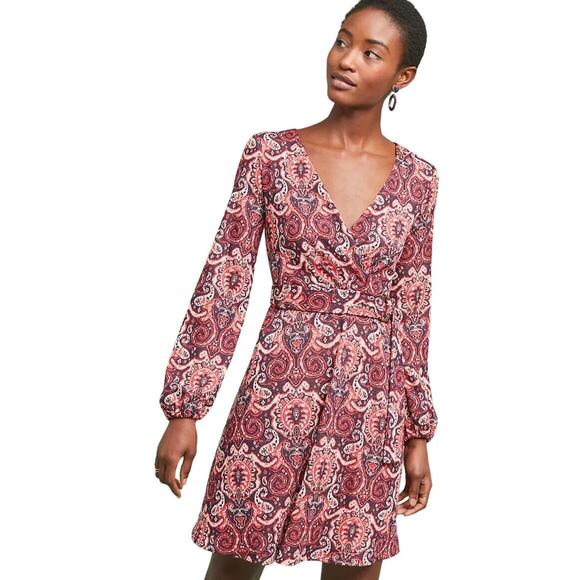 [Anthropologie] Maeve Red Paisley Print Long Sleeve V-Neck Dress Size Medium M - Picture 1 of 12